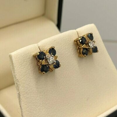 Pre loved 9ct yellow gold sapphire and diamond stud earrings