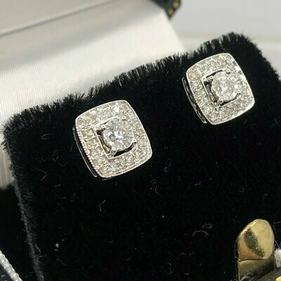 18ct white gold square diamond earrings with illusion brilliant cut diamond