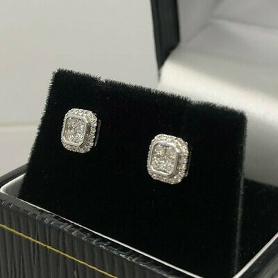 18ct white gold square diamond cluster stud earrings with brilliant cut diamonds