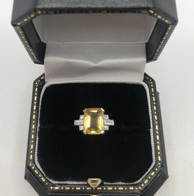 Platinum Deco Style 2.10ct Yellow Sapphire And Baguette Diamond Ring