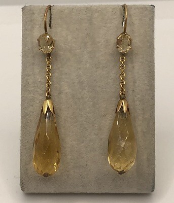 Vintage 9ct Yellow Gold Citrine Drop Earrings With Faceted Citrine Drop
