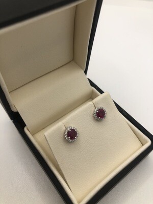 Ruby And Diamond Round Stud Earrings In 9ct White Gold