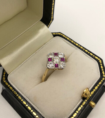 Platinum And 18ct Yellow Gold Deco Style Ruby And Diamond Ring. TDW Approx 0.80ct Size P1/2