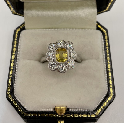 1.25ct Square Yellow Sapphire And 1.20ct Diamond Ring. Platinum.
