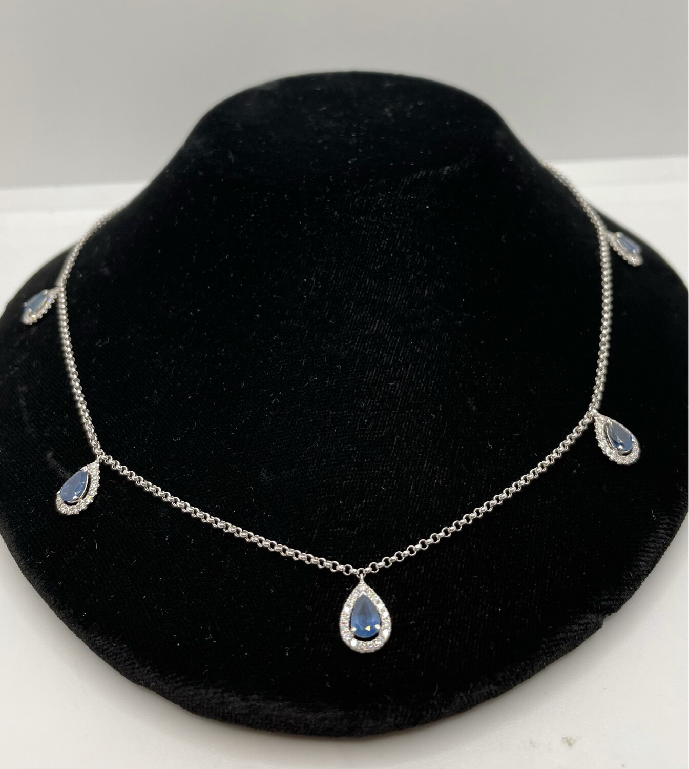 Sapphire And Diamond Pear Shape Drop 18ct White Gold Necklace.