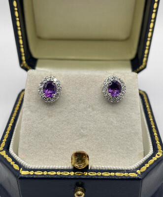 Lovely Oval Amethyst And Diamond Stud Earrings In 9ct White Gold