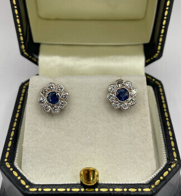 Sapphire And Diamond Daisy Cluster Earrings In 18ct White Gold.