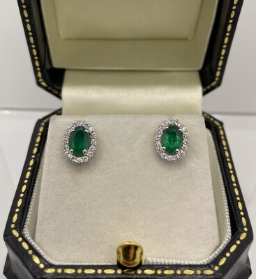 1ct Oval Emerald And Diamond Stud Earrings In 18ct White Gold