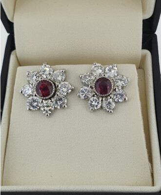 3.41ct Brilliant Cut Diamond And 1ct Ruby Large Stud Earrings In 18ct White Gold.