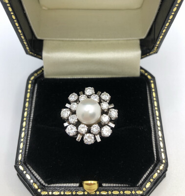 Akoya Pearl And Diamond Ring In 18ct White Gold C.1970
