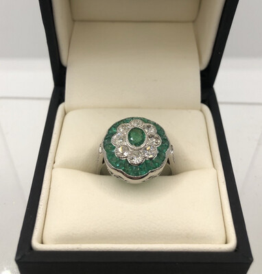Large Emerald And Diamond Cluster Ring In 18ct White Gold