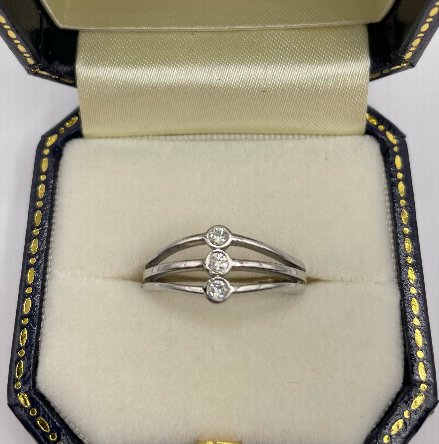 Platinum Three Band Ring With Three Rub Over Diamonds