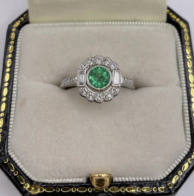 Platinum .70ct Emerald And Diamond Deco Style Ring.