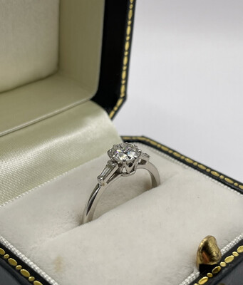 Solitaire .75ct Diamond Platinum Ring With Baguette Diamond Shoulders.