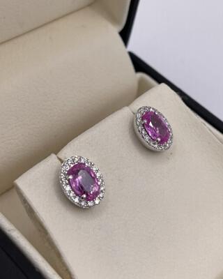 Oval Pink Sapphire And Diamond Stud Earrings.