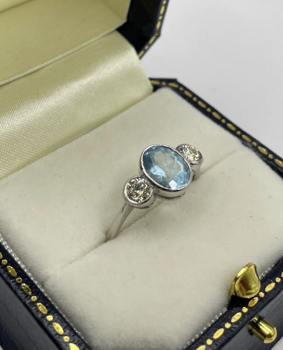 Platinum 1.40ct Aquamarine And Diamond Three Stone Ring.