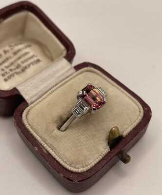 Art Deco Style Pink Tourmaline And Diamond Platinum Ring.