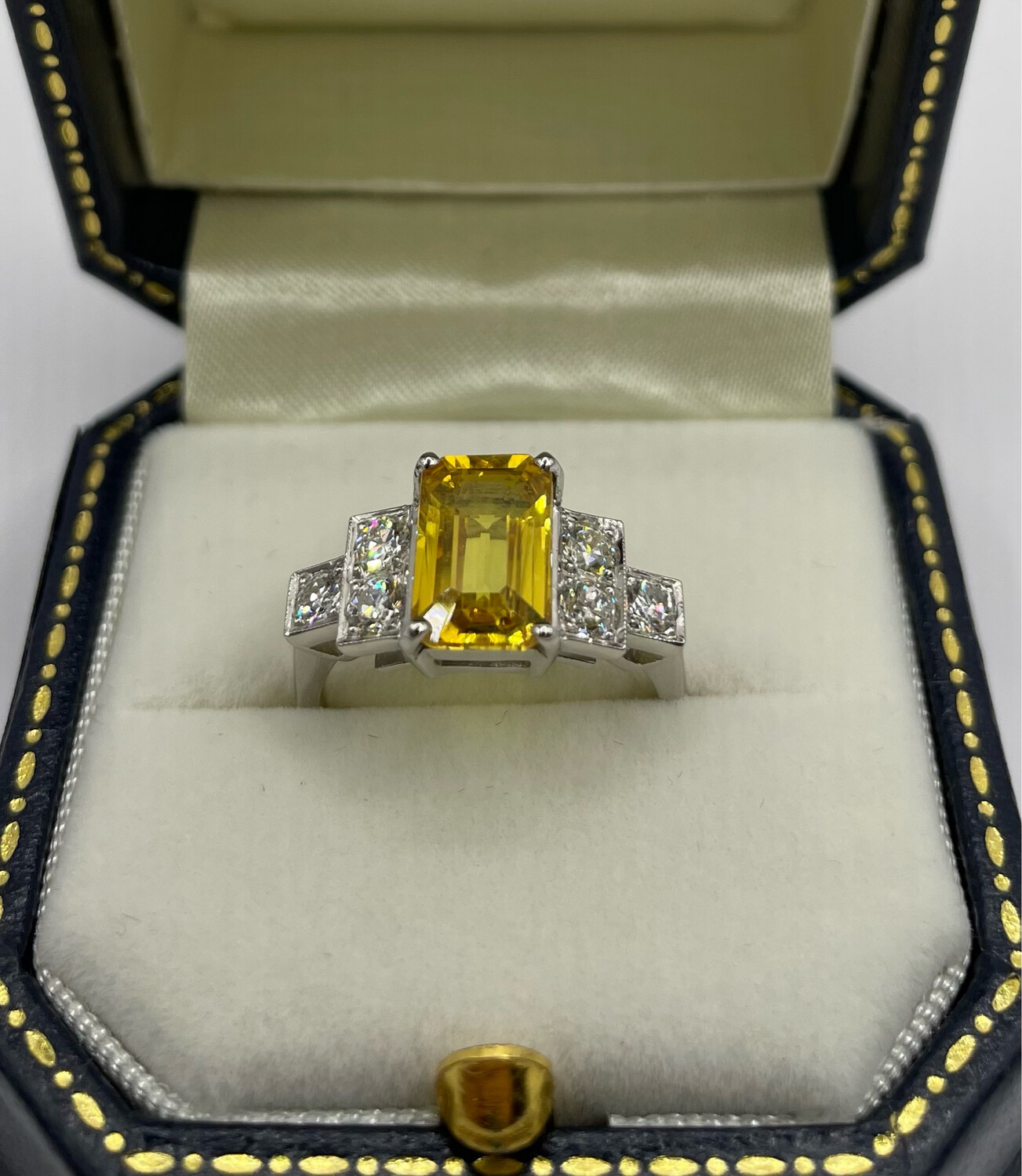 Stunning 3ct Yellow Sapphire And Diamond Deco Style Platinum Ring.
