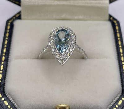 Platinum Pear Shaped 1.40ct Aquamarine And 0.50ct Diamond Ring.