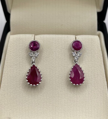 18ct Ruby And Diamond Drop Earrings.
