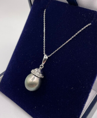 Tahitian Pearl And Diamond Pendant In 18ct With 9ct Chain.
