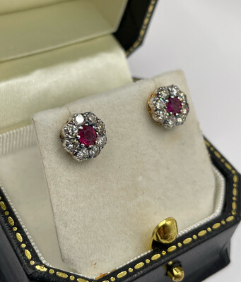 Ruby And Diamond Silver Set And 18ct Yellow Gold Cluster Stud Earrings.