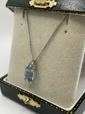 Emerald Cut Aquamarine And Brilliant Cut Diamond Pendant 18ct White Gold.