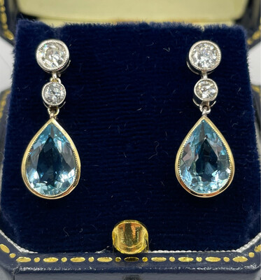 Aquamarine And Diamond Pear Shaped Drop Earrings In 18ct Gold