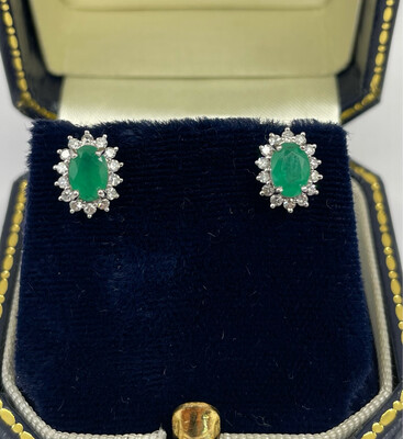 18ct Emerald And Diamond Oval Cluster Stud Earrings