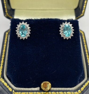 18ct White Gold Diamond And Blue Apatite Oval Cluster Earrings