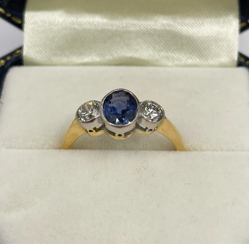 18ct Yellow Gold And Platinum 1ct Sapphire And Diamond 3 Stone Ring