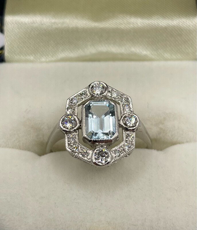 Platinum Aquamarine And Diamond Art Deco Style Ring