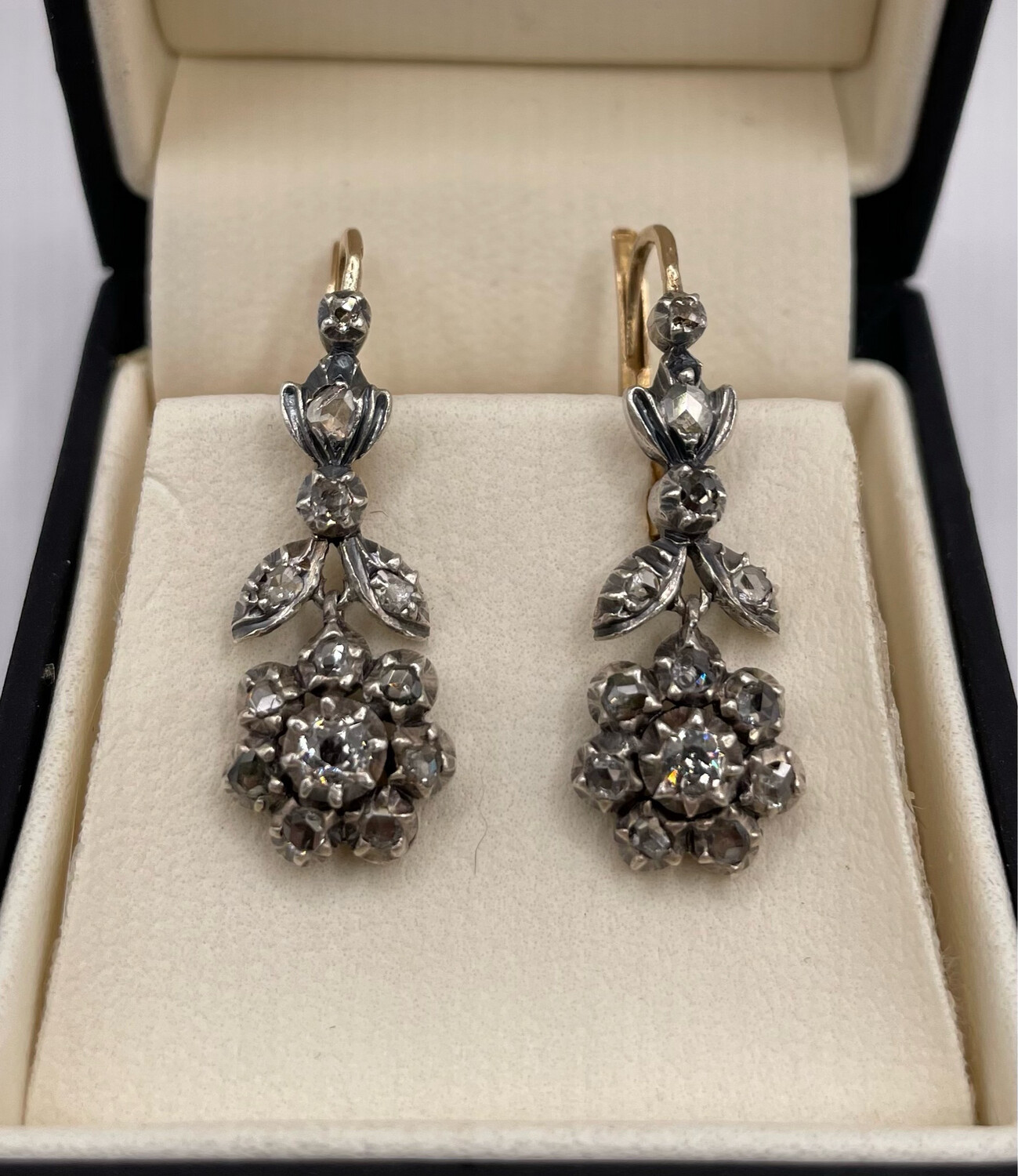 Vintage Rose Cut Diamond Flower Design Drop Earrings. Silver Set On  Gold