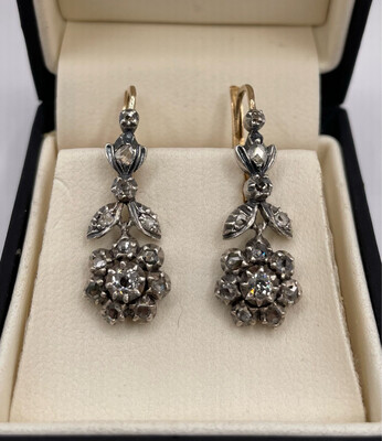 Vintage Rose Cut Diamond Flower Design Drop Earrings. Silver Set On Gold