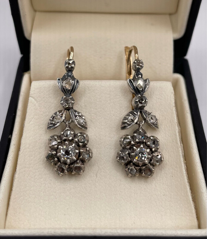 Vintage Rose Cut Diamond Flower Design Drop Earrings. Silver Set On  Gold