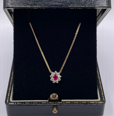 Very Pretty Small Ruby And Diamond Oval Cluster 18ct Yellow Gold Pendant