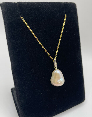 9ct yellow Gold Baroque Pearl And Diamond Pendant With 18ct Gold Plate On Silver Chain