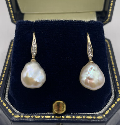 9ct Yellow Gold Baroque Pearl And Diamond Earrings