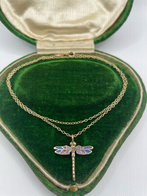 Vintage 9ct Fine Chain link Necklace With Enamel Dragonfly Pendant