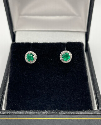 Emerald & Diamond 9ct White Gold Halo Stud Earrings
