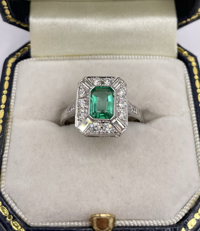 Art deco Style .90ct Emerald And .50ct Diamond Ring Set In Platinum