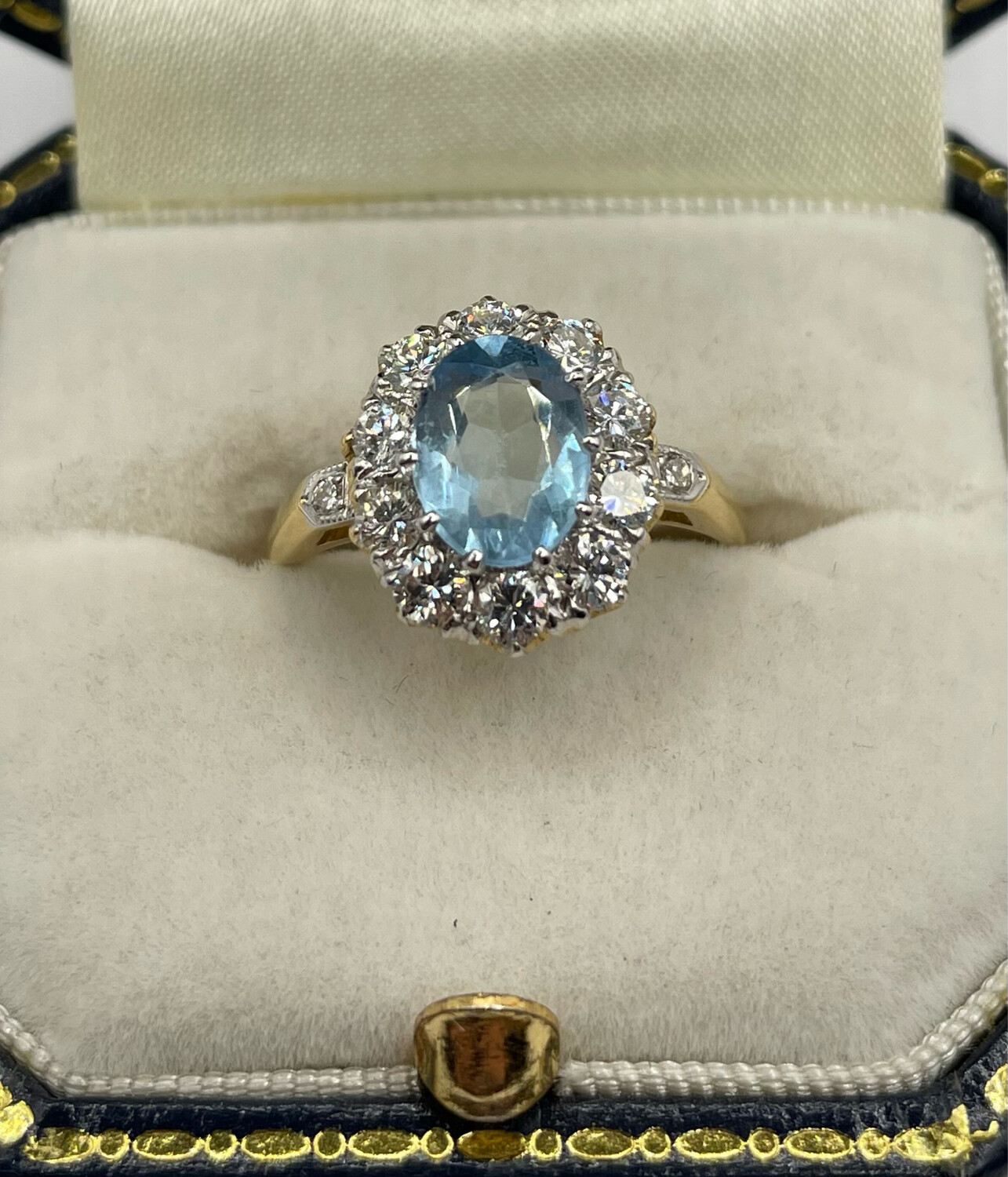 Oval .80ct Aquamarine And 1.15ct Diamond 18ct Gold Cluster Ring With Diamond Shoulders