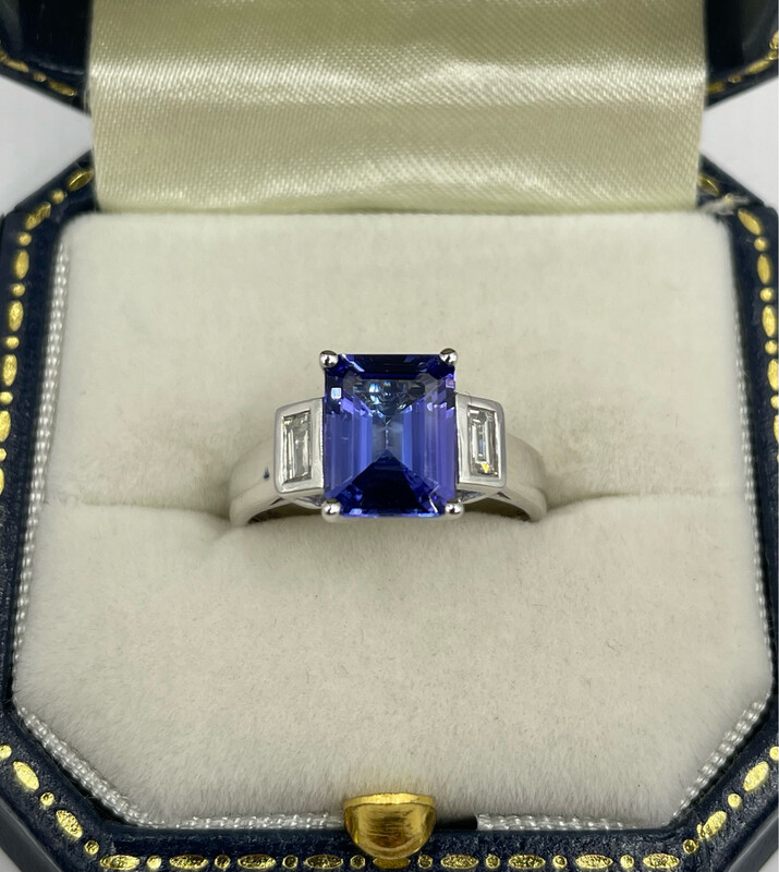 Emerald Cut Tanzanite And Baguette Cut Diamond Ring With Certificate 18ct