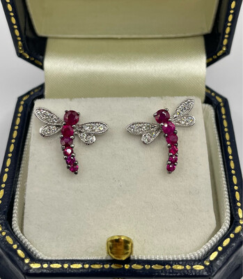 Gorgeous .80ct Ruby And Diamond 18ct Dragonfly Earrings