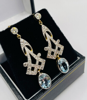Lovely Long Diamond Earrings With 2.10ct Oval Aquamarines In 18ct White And Yellow Gold.