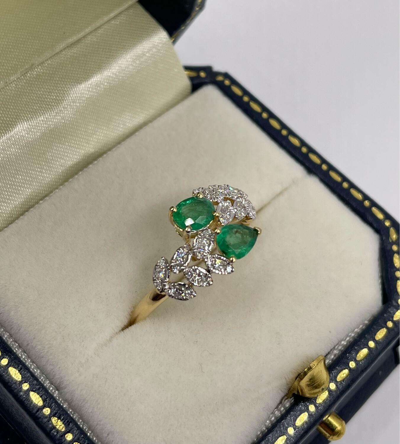 Pretty Double Pear Emerald And Diamond 18ct Yellow Gold Ring