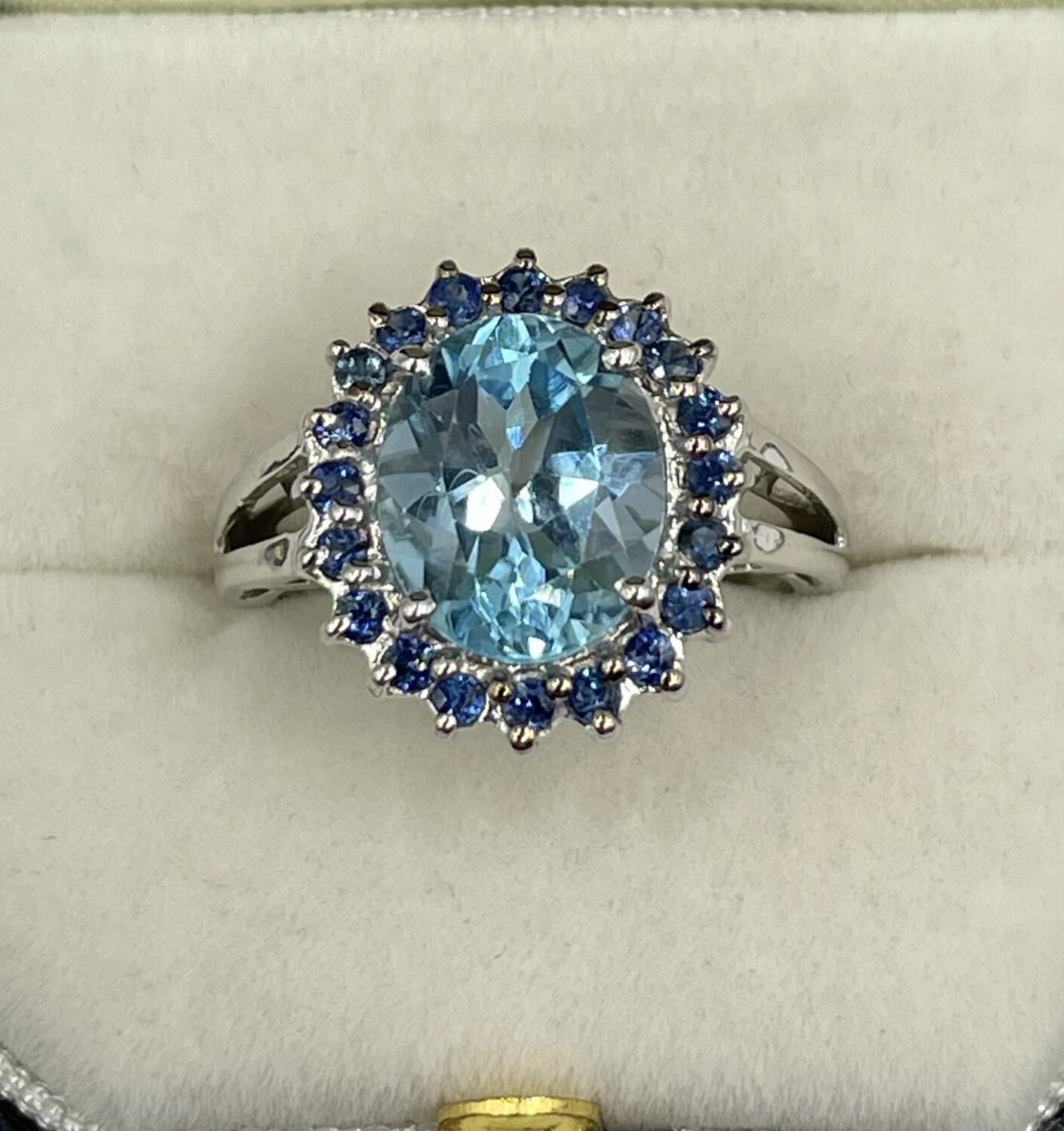 9ct White Gold With Large Oval Blue Topaz And Twenty Sapphires.