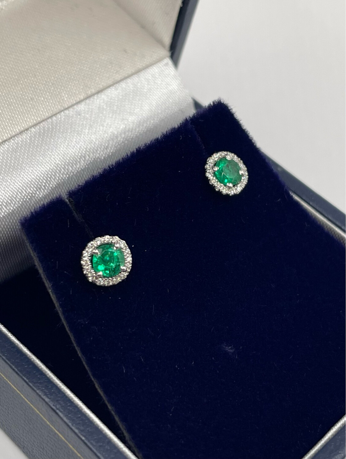 9ct White Gold Emerald And Diamond Halo Stud Earrings