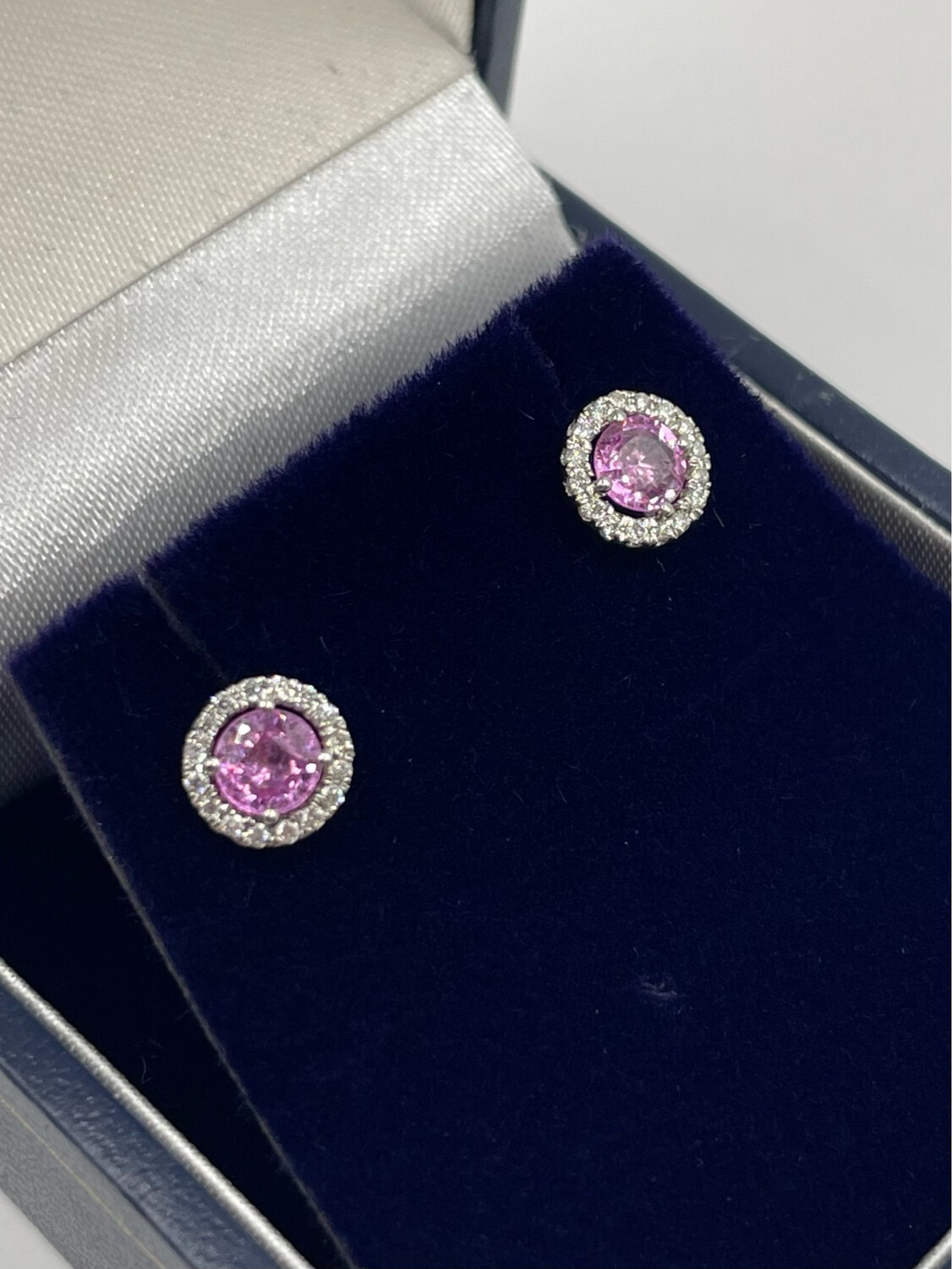 9ct White Gold Pink Sapphire and Diamond Halo Stud Earrings.