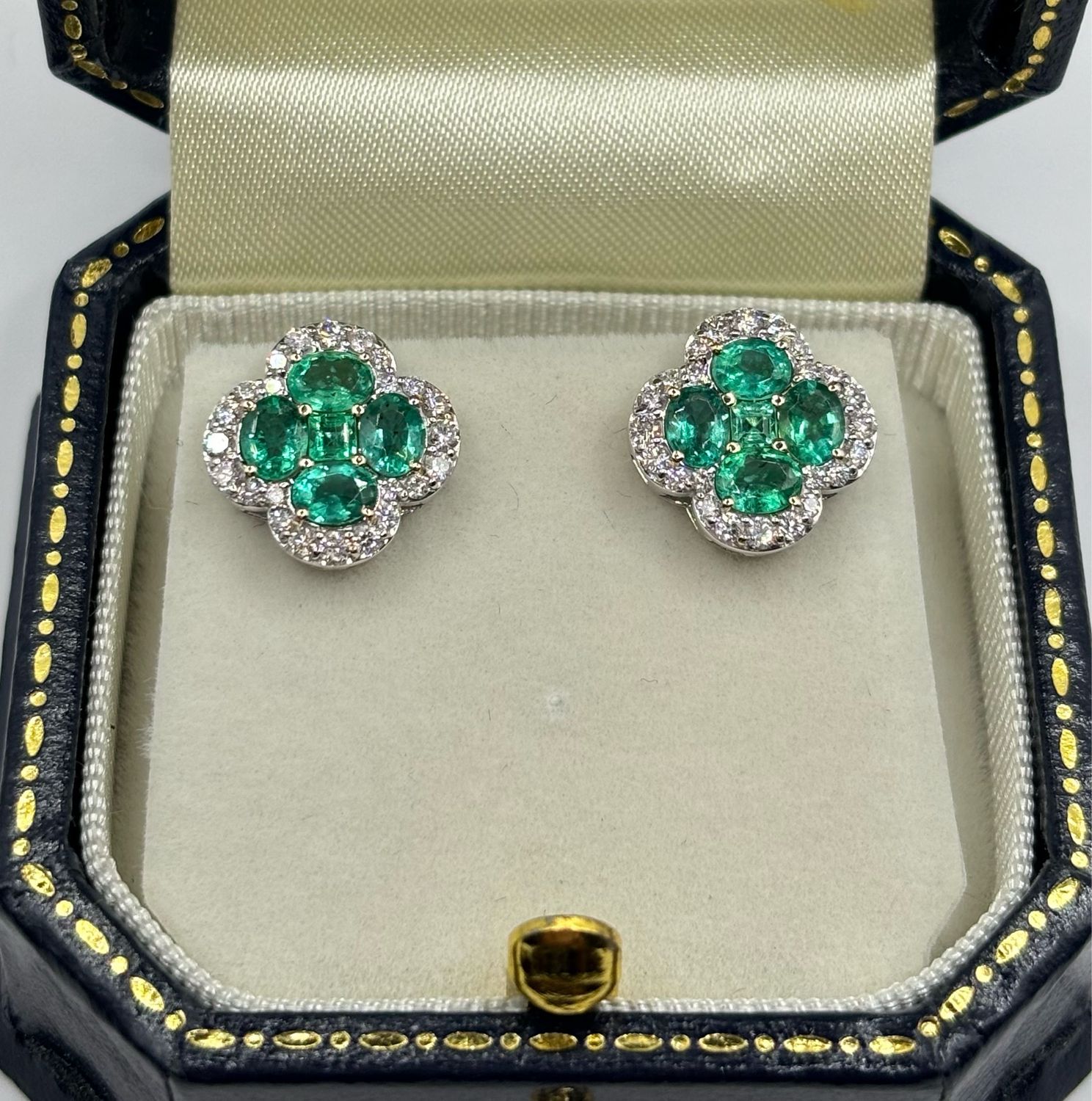 18ct White Gold Clover 1.45ct Emerald & .45ct Diamond “Van Cleef” Style Earrings